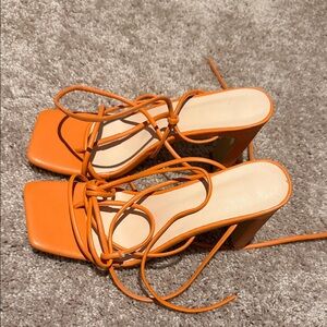 Orange Lace-Up Heeled Sandals | Square Toe Minimal
Heels | Size 39